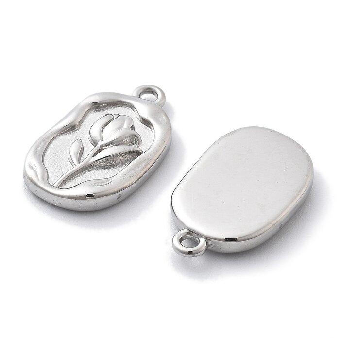 Stainless Steel Charm Oval with Flower 20x12x2.5mm