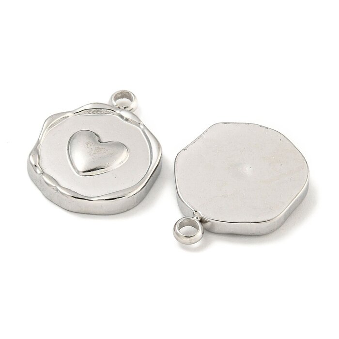 Stainless Steel Charm Coin with Heart Silver 16x12.5x2.5mm