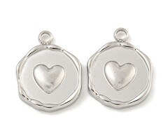 Stainless Steel Charm Coin with Heart Silver 16x12.5x2.5mm