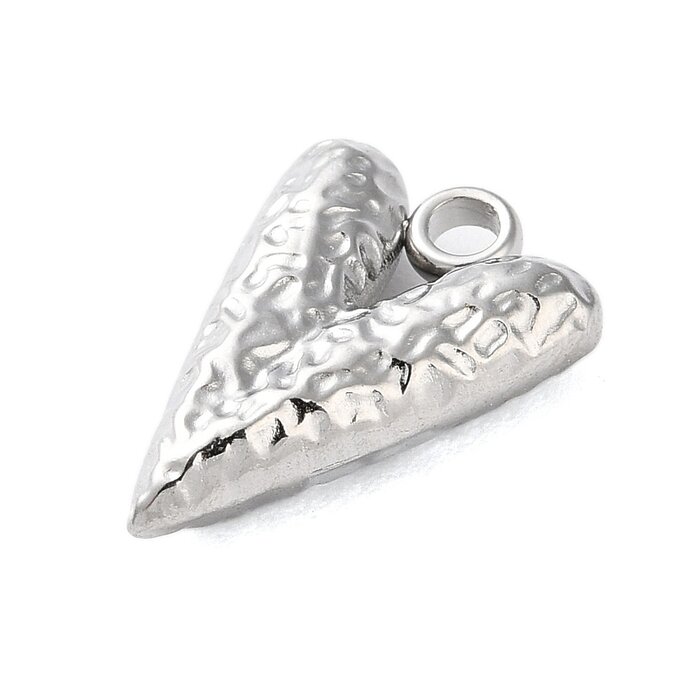Stainless Steel Charm Heart Textured Silver 16x11x4mm
