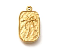 Stainless Steel Charm Rectangle Palm Tree Gold Plated 17.5x10x2.5mm