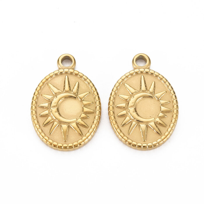 Stainless Steel Charm Coin Sun and Moon 22x15x2.5mm