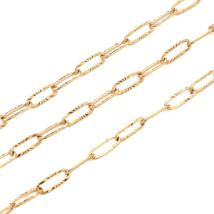Stainless Steel Chain Paperclip Link Textured Gold Plated 9.7x3.5x0.7mm, 1 meter
