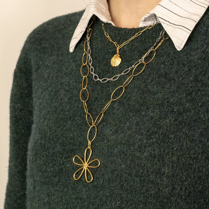 Long Stainless Steel Necklace with Flower Charm Inspi666