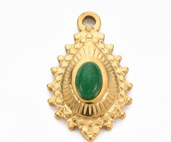 Stainless Steel Drop Charm with Dyed Jade 22x14mm Gold Plated with Green