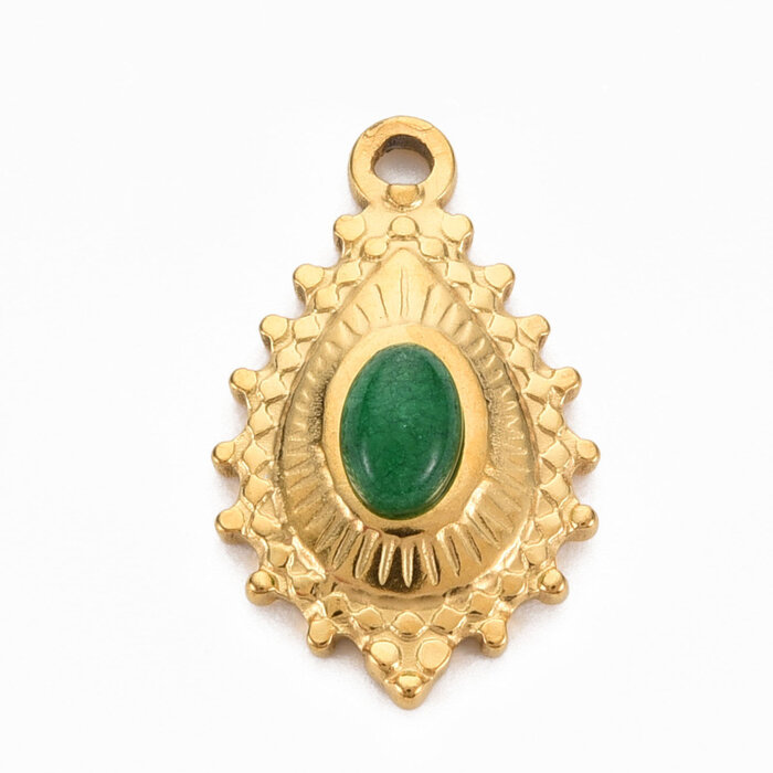 Stainless Steel Druppel Bedel met Gekleurde Jade 22x14mm Gold Plated met Groen