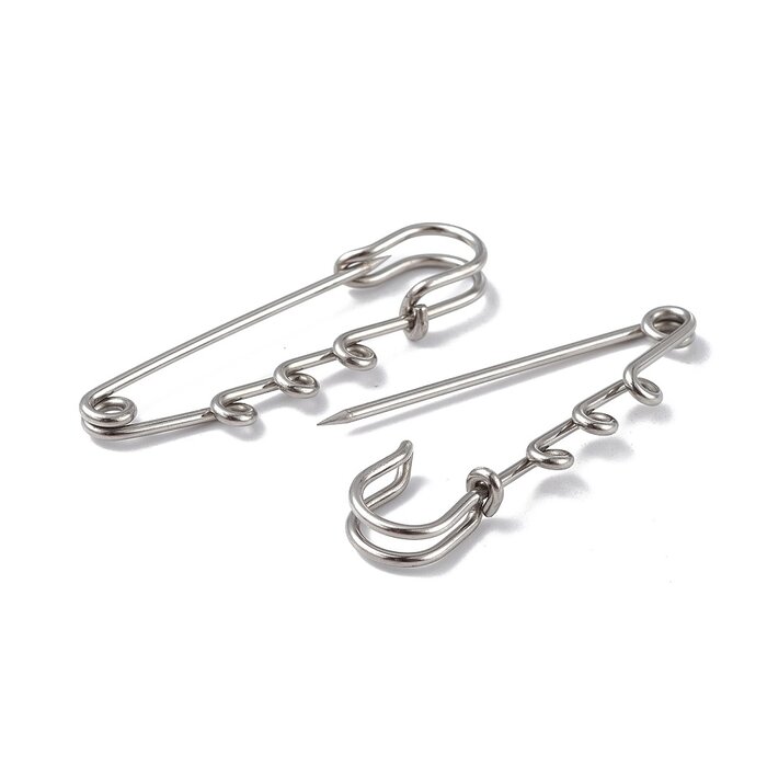 Stainless Steel Brooch Safety Pin with Eyelets Silver 51x16x7mm