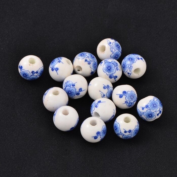 Porcelain Ceramic Beads with Holland Delft Blue Print Flowers 10mm