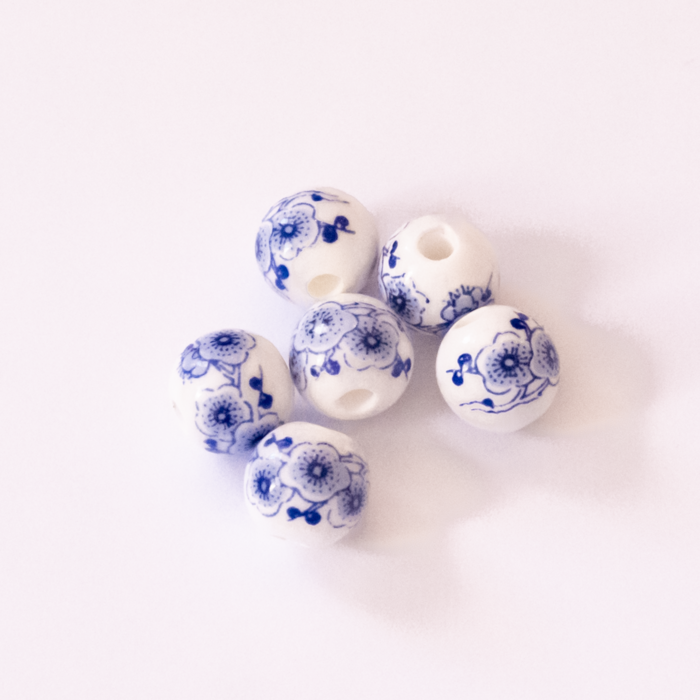 Porcelain Ceramic Beads with Holland Delft Blue Print Flowers 10mm
