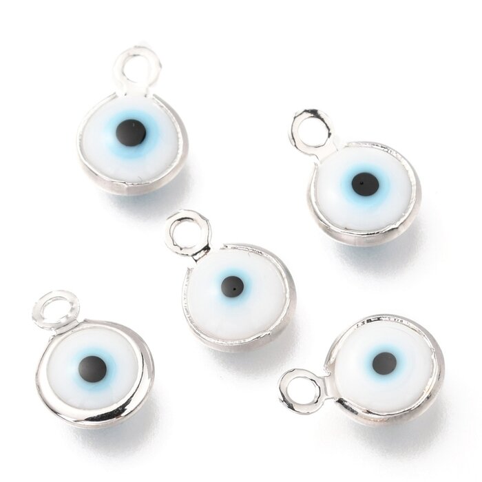 Boze oog / Evil eye Lampwork Bedel Wit 10x6.5x3mm