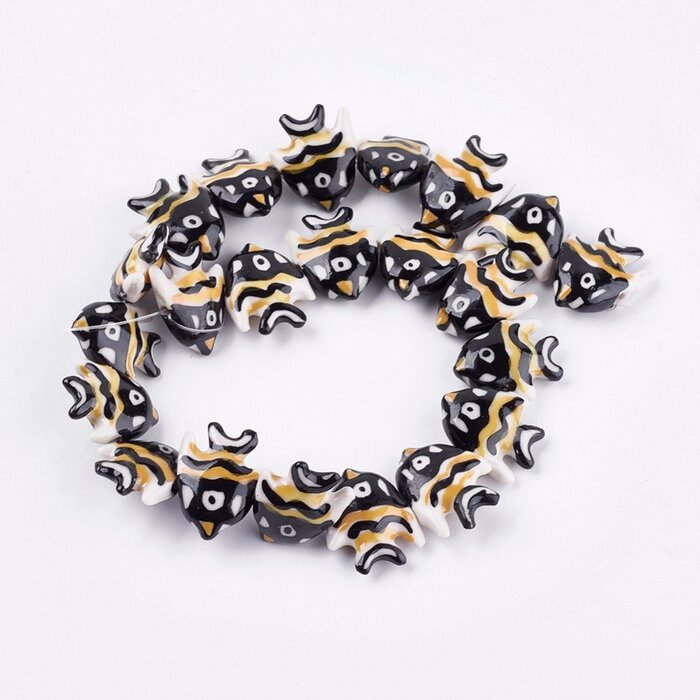 Fish Porcelain bead Black Yellow 17~18x21~22x7~7.5mm
