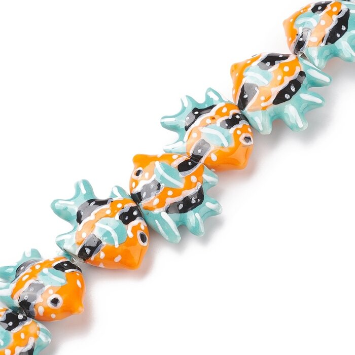 Fish Porcelain bead Turquoise Orange Black 17~18x21~22x7~7.5mm