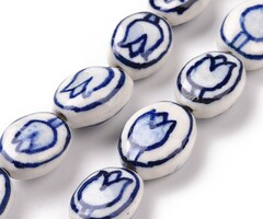 Porcelain beads Blue White Tulip 14~15x11~12x6.5~7.5mm