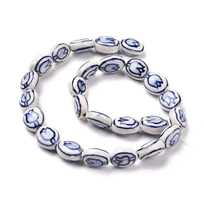 Porselein kralen Blauw Wit Tulp 14~15x11~12x6.5~7.5mm