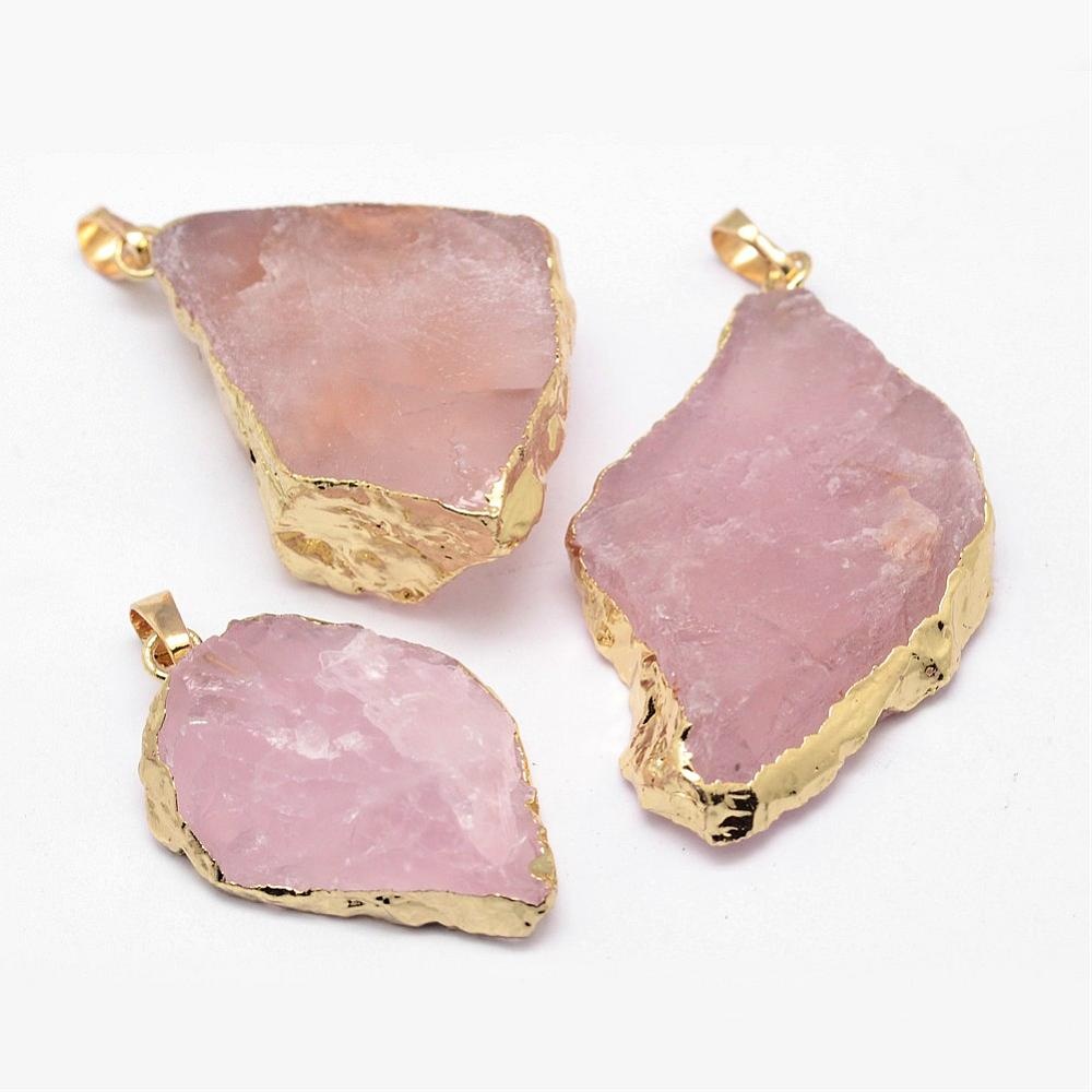 Natural Rose Quartz Charm with Golden 45~63x26~33x9~10mm