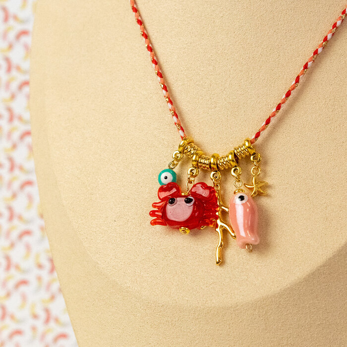 Ketting met Vrolijke Bedels en Gevlochten Koord Inspi668