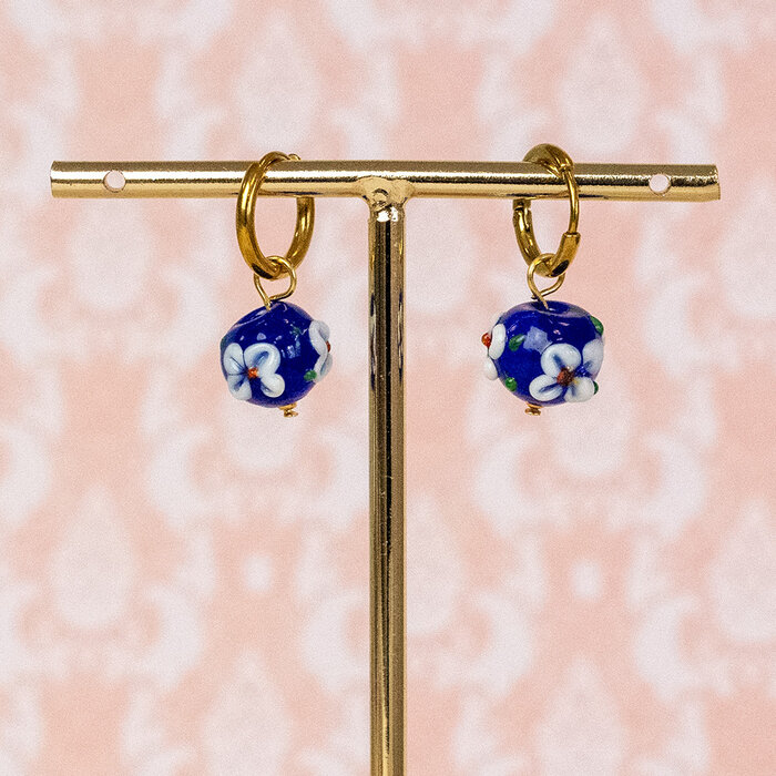 Bloem Lampwork glas kraal Blauw 11~12x11~12x10mm