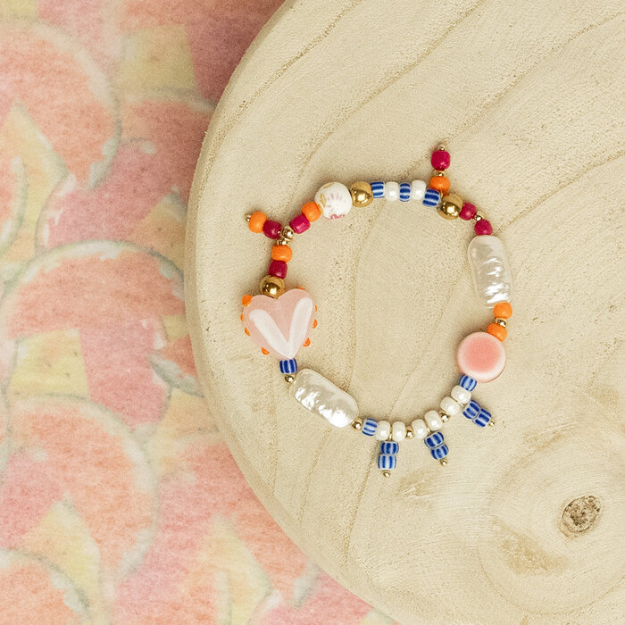 Porcelain Bead with Flowers Fuchsia 8mm, 10 pieces