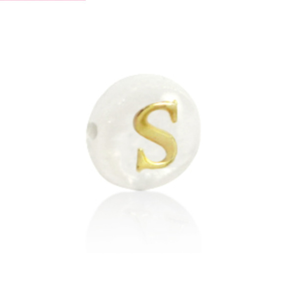 Alphabet Letter Shell Bead Mother of Pearl White 6x4mm with Golden letter S