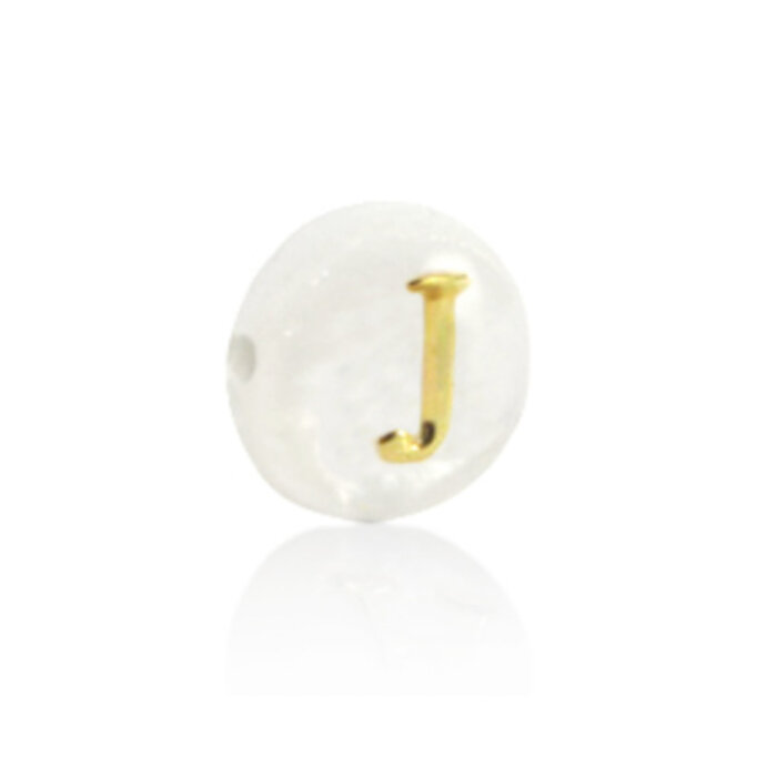 Letterkraal Wit Parelmoer Schelpkraal 6x4mm met Gouden Letter J