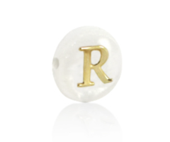 Alphabet Letter Shell Bead Mother of Pearl White 6x4mm with Golden letter R