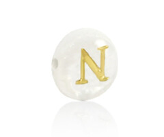 Alphabet Letter Shell Bead Mother of Pearl White 6x4mm with Golden letter N