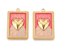 Stainless steel rectangle heart pink charm gold plated 28x18x3mm