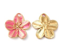 Stainless steel flower pink charm gold plated 24.5x22.5x2.5mm