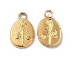 Stainless Steel Bedel Ovaal met Bloem Gold Plated 17x11x2mm