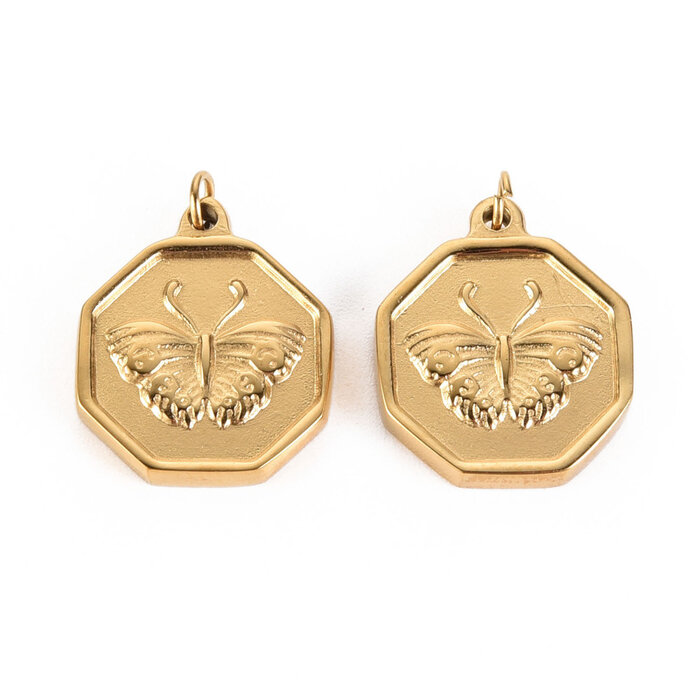 Stainless Steel Hexagon Butterfly Charm Gold 18x15x2.5mm