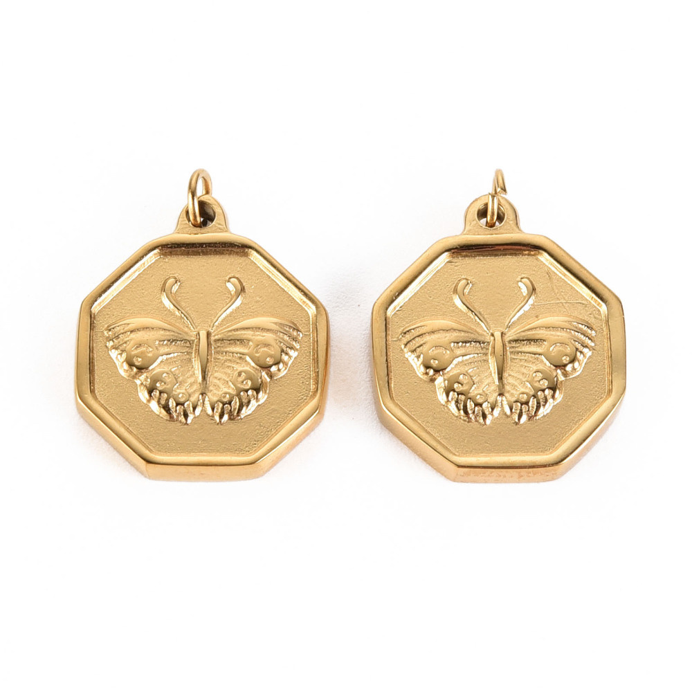 Stainless Steel Hexagon Butterfly Charm Gold 18x15x2.5mm
