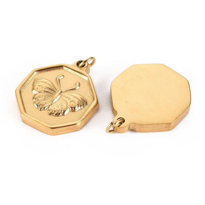 Stainless Steel Hexagon Butterfly Charm Gold 18x15x2.5mm