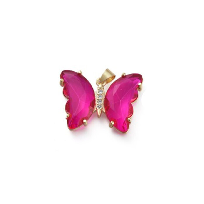Crystal Glass Charm Butterfly With Zirconia Fuchsia 20x26x5mm