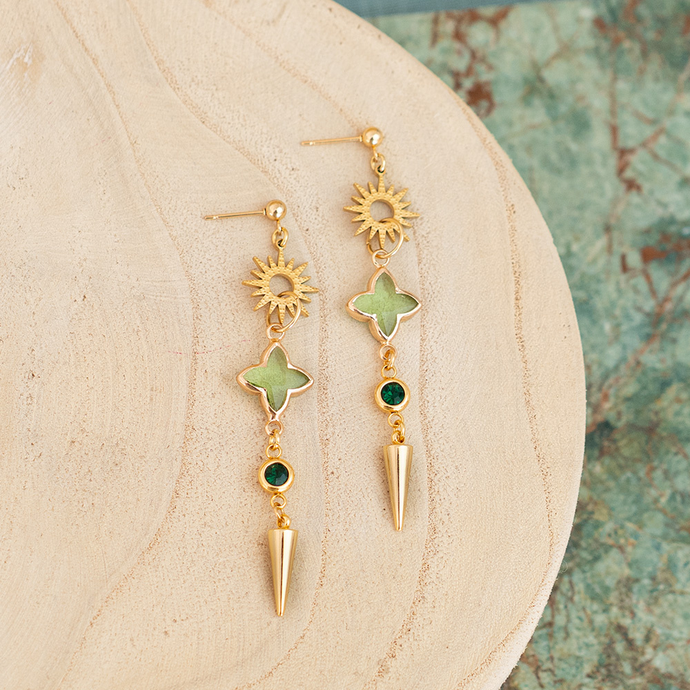 Stainless Steel Connector Gold Plated with Emerald Rhinestone, 12x6.5x4mm