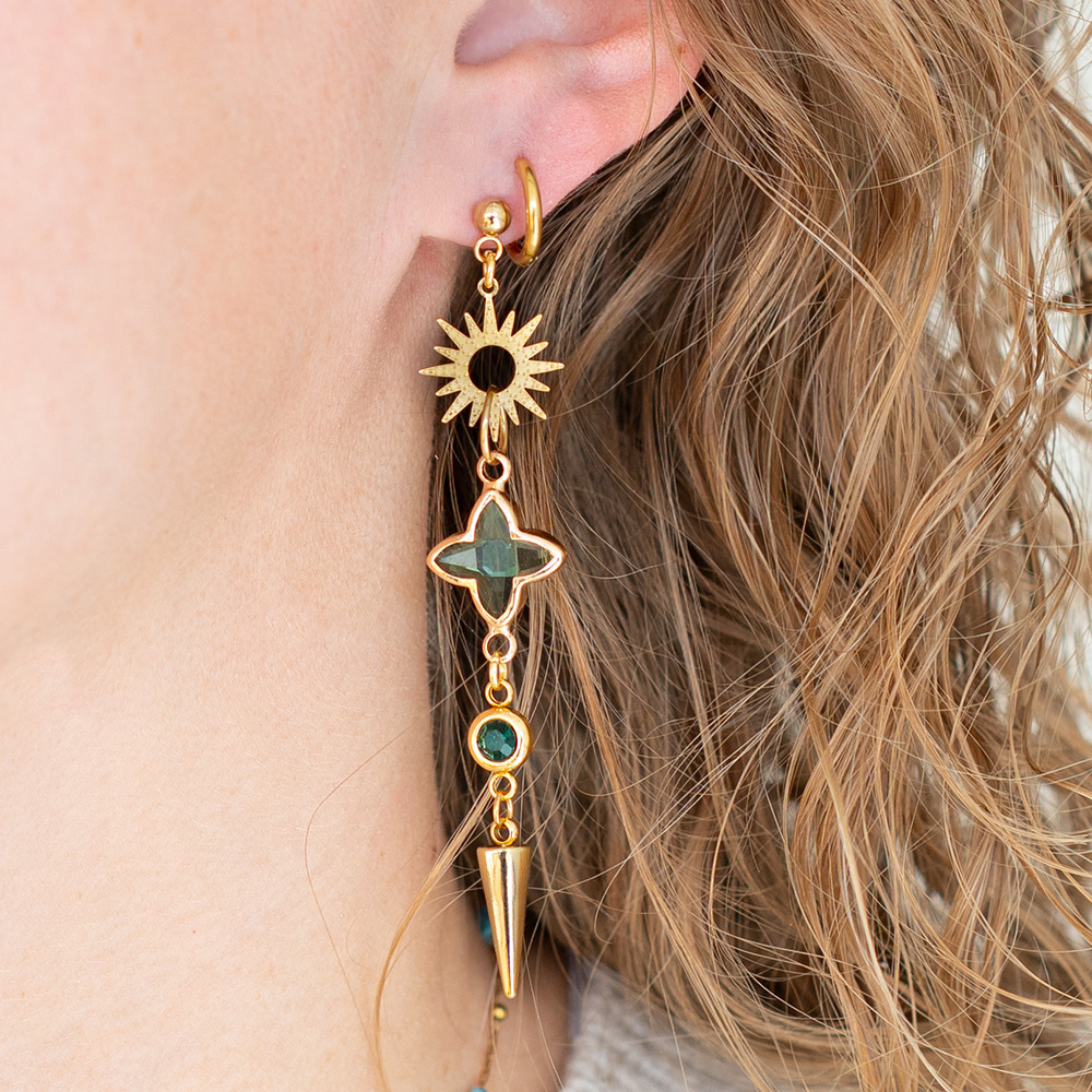 Stainless Steel Connector Gold Plated with Emerald Rhinestone, 12x6.5x4mm