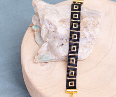 Elegant Woven Bracelet with Black and Gold Miyuki Delicas