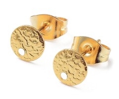 Stainless steel stud earrings with eyelet round texture 6mm, 2 pieces