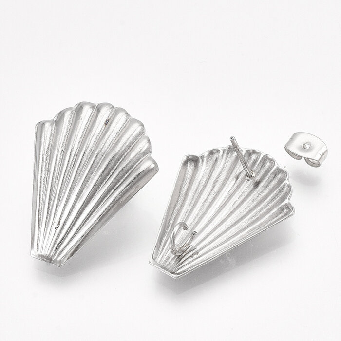 Stainless steel studs oorbellen met oogje schelp 26x20.5mm, 2 stuks