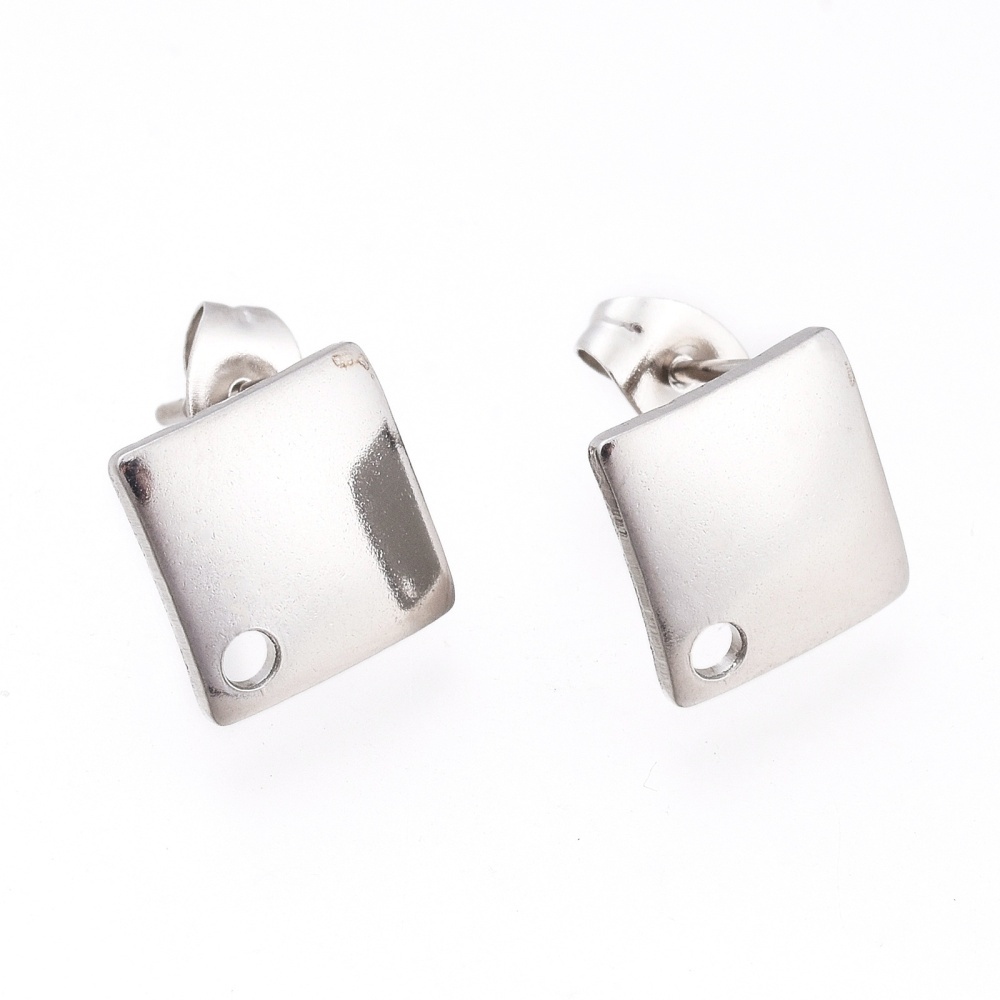 Stainless steel stud earrings with eyelet square 13.5x13.5mm, 2 pieces