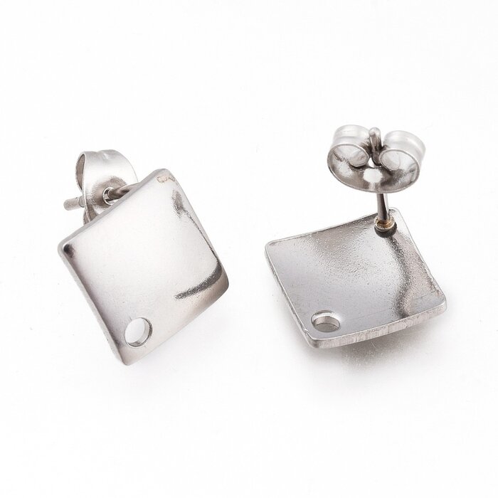 Stainless steel stud earrings with eyelet square 13.5x13.5mm, 2 pieces