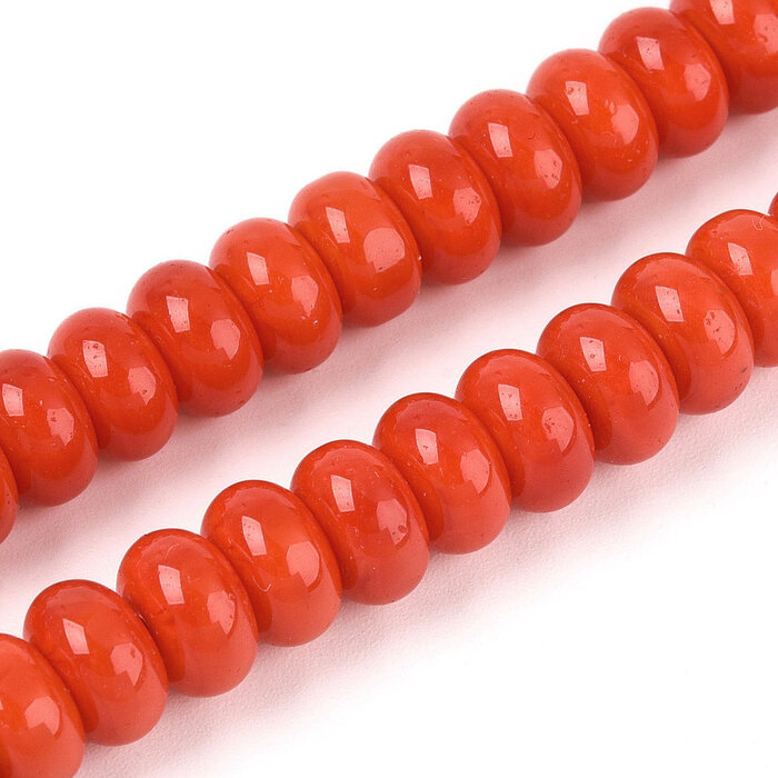 Glassbeads Rondelle Coral Red 8~8.5x4.5~5mm, strand 70 pieces