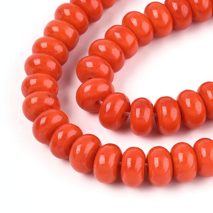 Glaskralen Rondelle Koraal Rood 8~8.5x4.5~5mm, streng 70 stuks