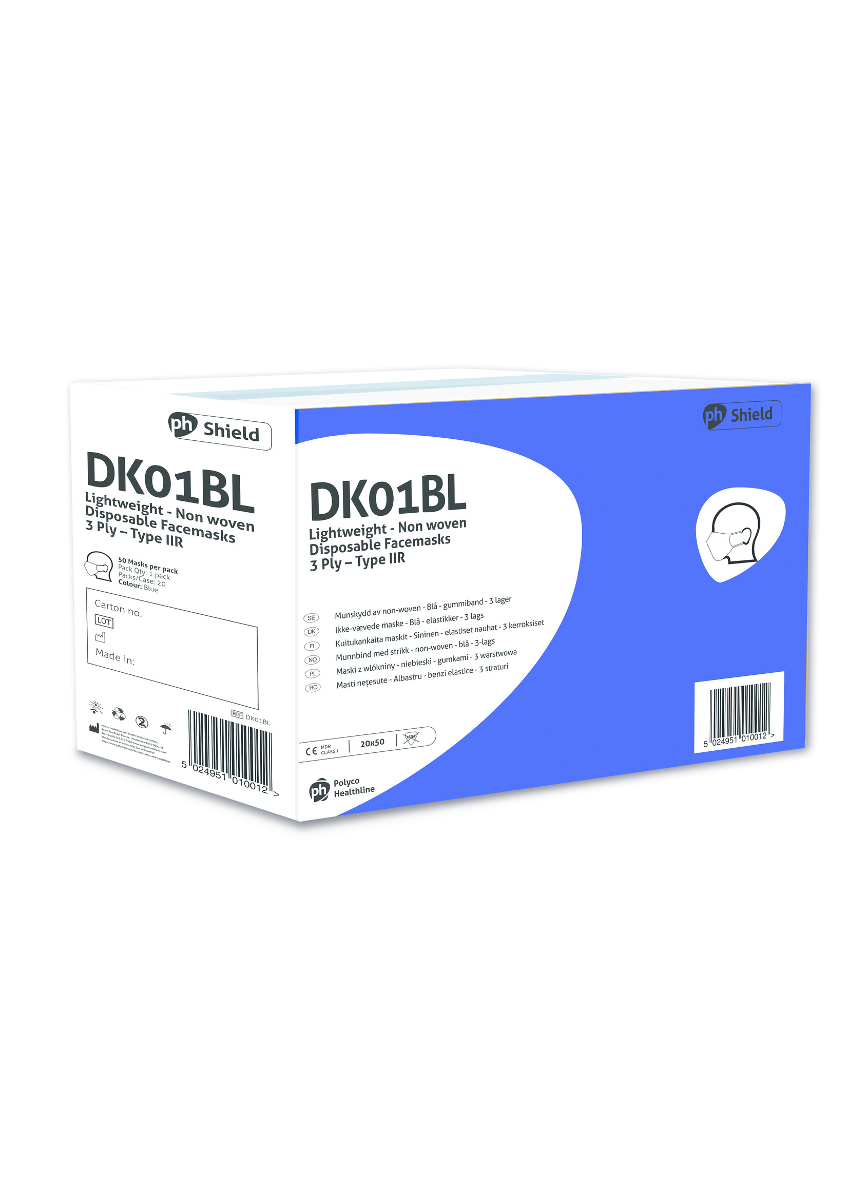 PH Polyco Healthline DESTOCKAGE: Masque Type IIR bleu jetable PP non-tissé 3 plis SHIELD DK01BL (20x50 pcs)   -40%