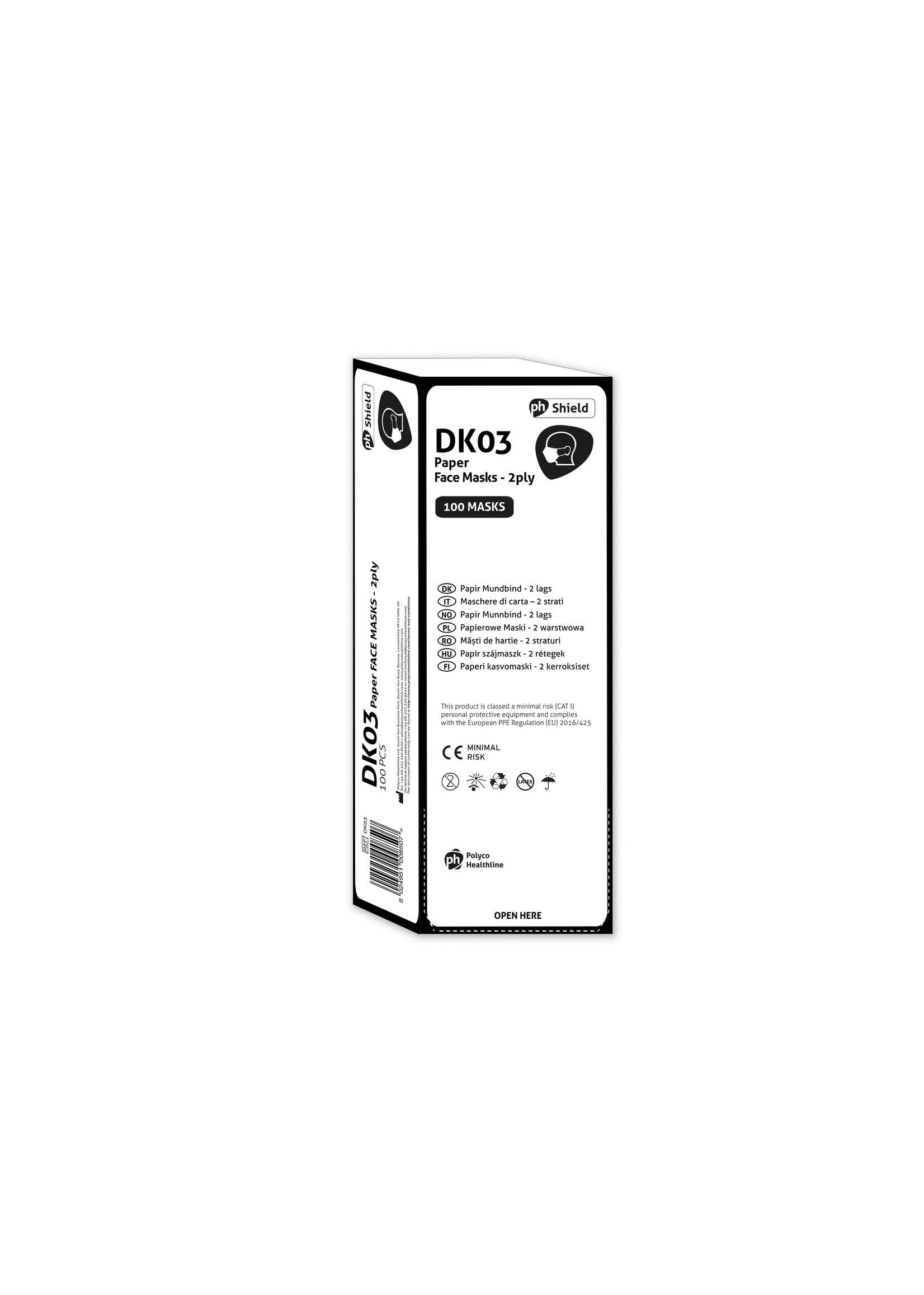Polyco Healthline SHIELD UITVERKOOP: Mondmasker papier 2-laags met oorelastiek wegwerp SHIELD DK03 (10x100 stuks)   -40%