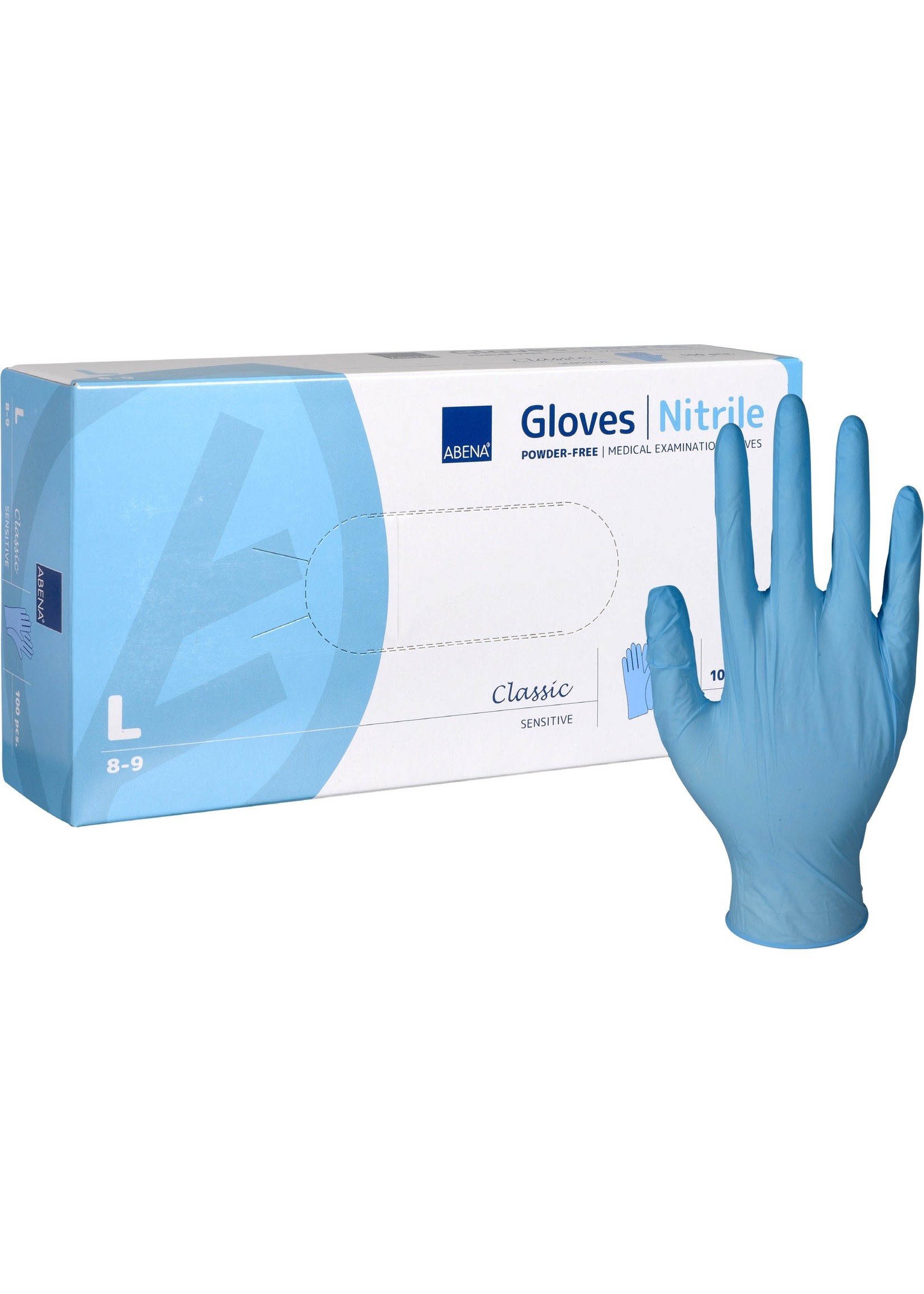 ABENA Nitril handschoenen blauw poedervrij Abena Classic Sensitive  3,2 grams (10x100)