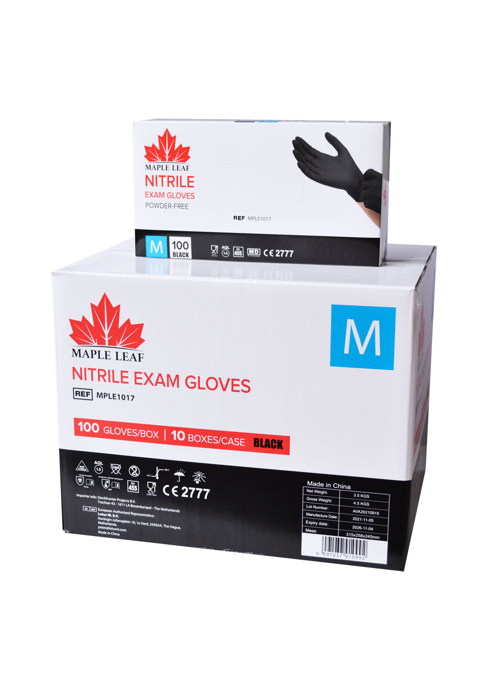 Maple Leaf Schwarze Einweg Nitrilhandschuhe Maple Leaf puderfrei  3,8 Gramm (10x100)
