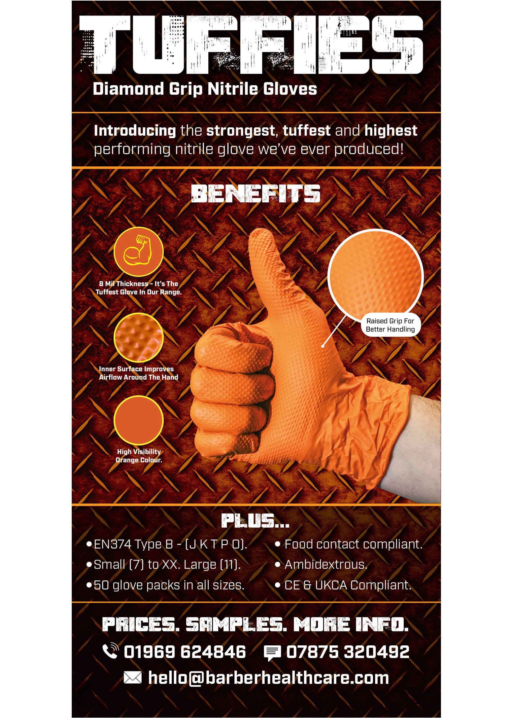 Gants nitrile orange 9,7 grammes avec parfaite préhension Glove Plus TUFFIES Diamond Grip (10x50)