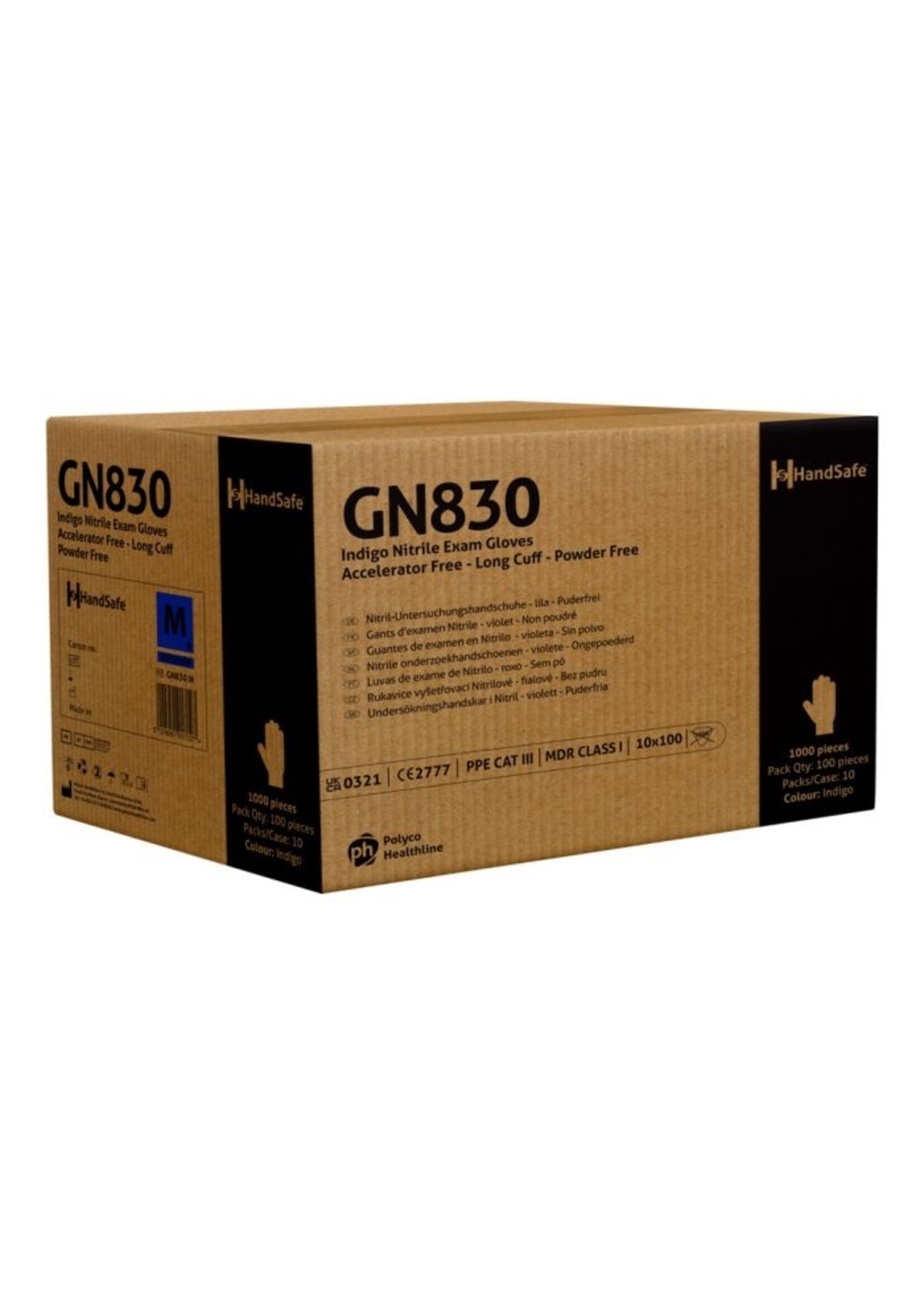 Indigo Nitril Handschuhe puderfrei , Accelerator-Frei, Low Derma, verlängerte Manschette PH HandSafe GN830 290 mm 5 Gramm (10x100) Dicke ●●●●