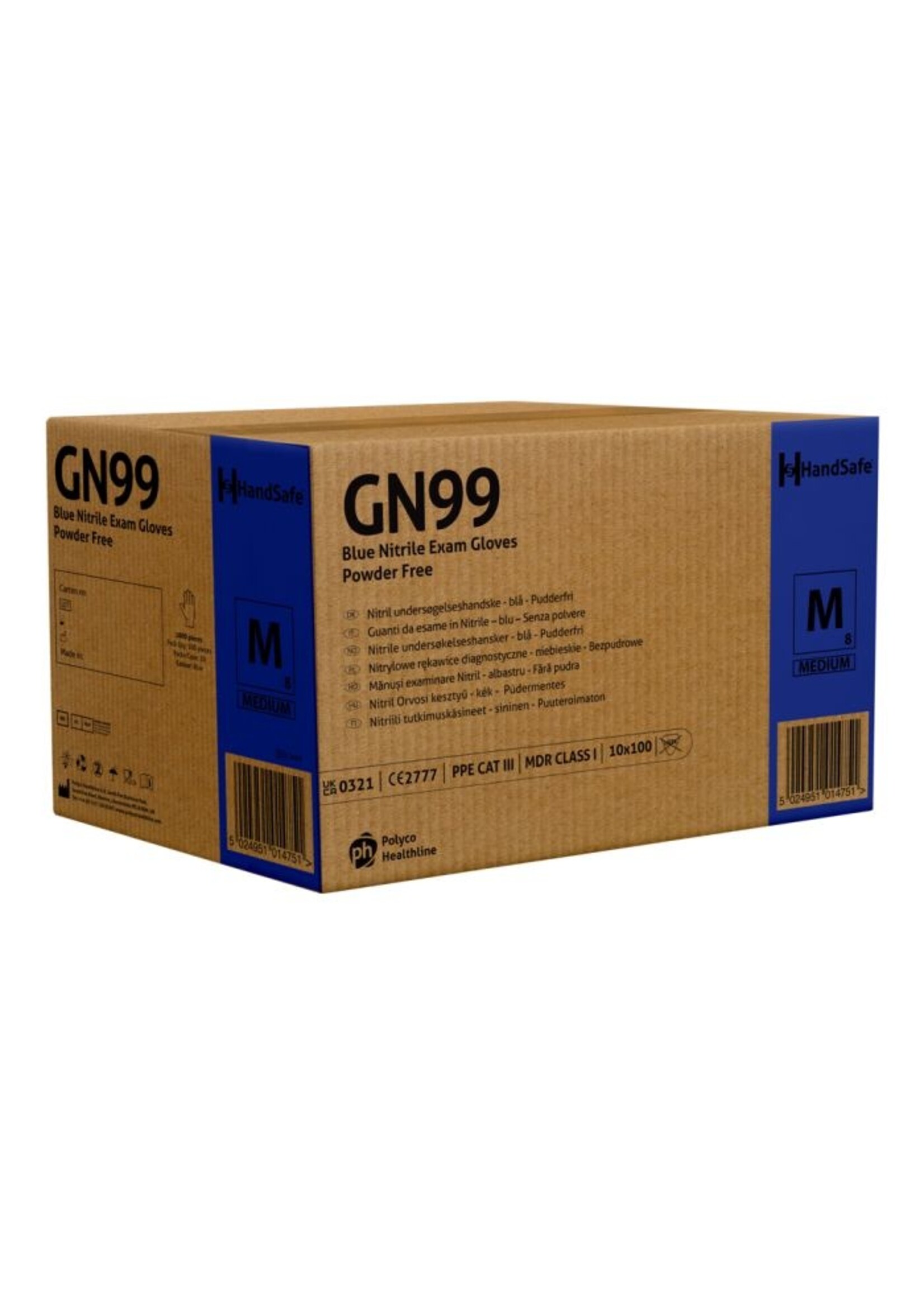 Blauwe nitril handschoenen met superieure sterkte 9 Newton, grote weerstand tegen scheuren en perforaties, PH HandSafe GN99 5,4 gram (10x100) dikte ●●●●