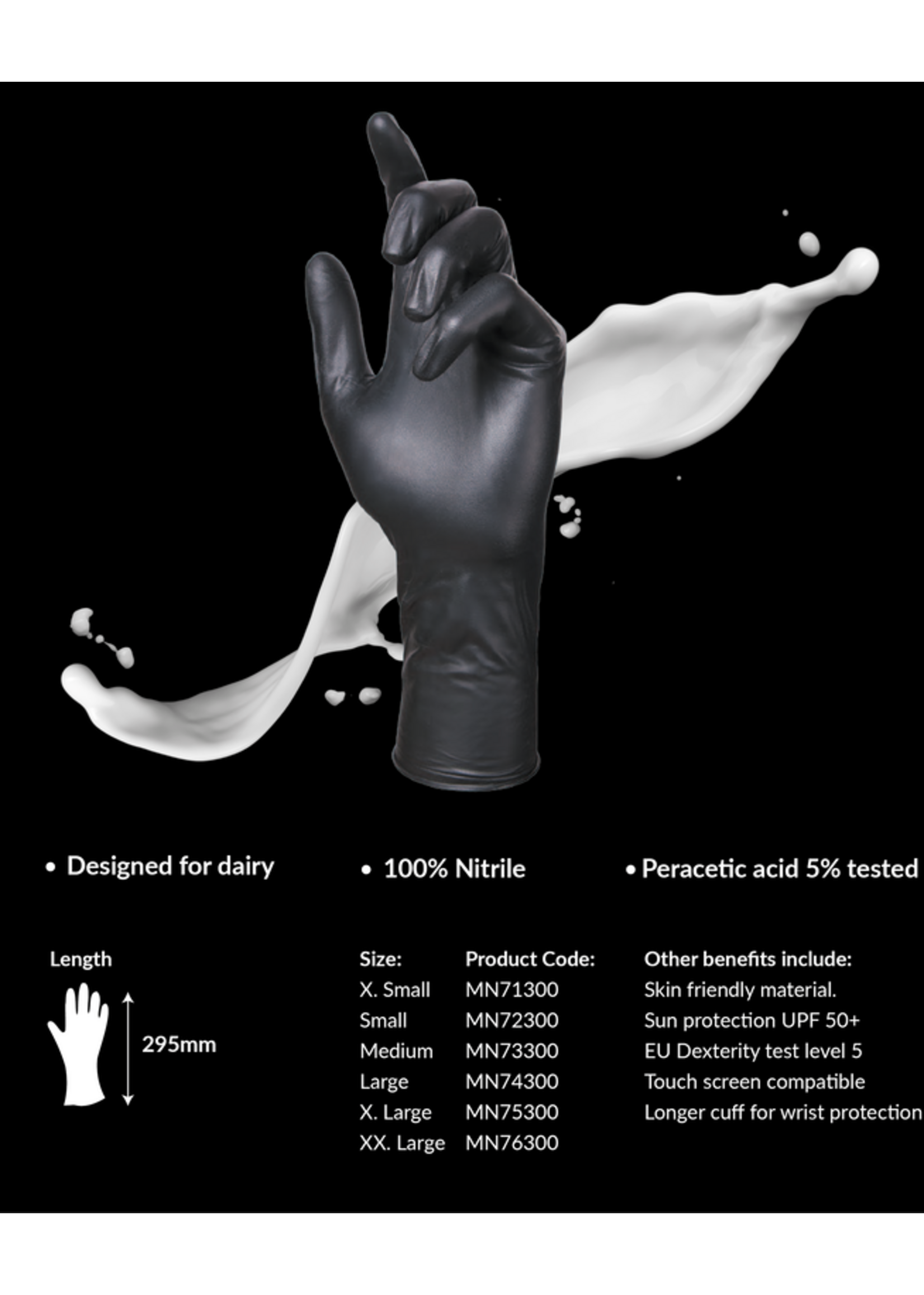 Barber Healthcare MILKERS Gants de traite nitrile noir Glove Plus MILKERS 300 très épais avec manchette longue 8,3 grammes (10x50)  épaisseur ●●●●●
